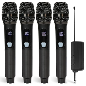 핸드헬드 무선 UHF 고정 다이나믹 마이크, 가라오케 웨딩 파티용 18650 충전식 수신기, 4 채널 마이크, 1200mAh