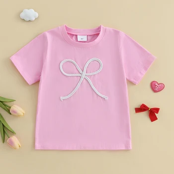 Cute Toddler Girls Summer T-Shirts with Short Sleeves Round Neck and Adorable Bow Embroidery - Stylish Kids Baby Tops 3