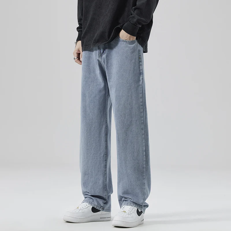 American solid color jeans spring and autumn men's high street straight leg pants versatile  wide leg pants baggy jeans