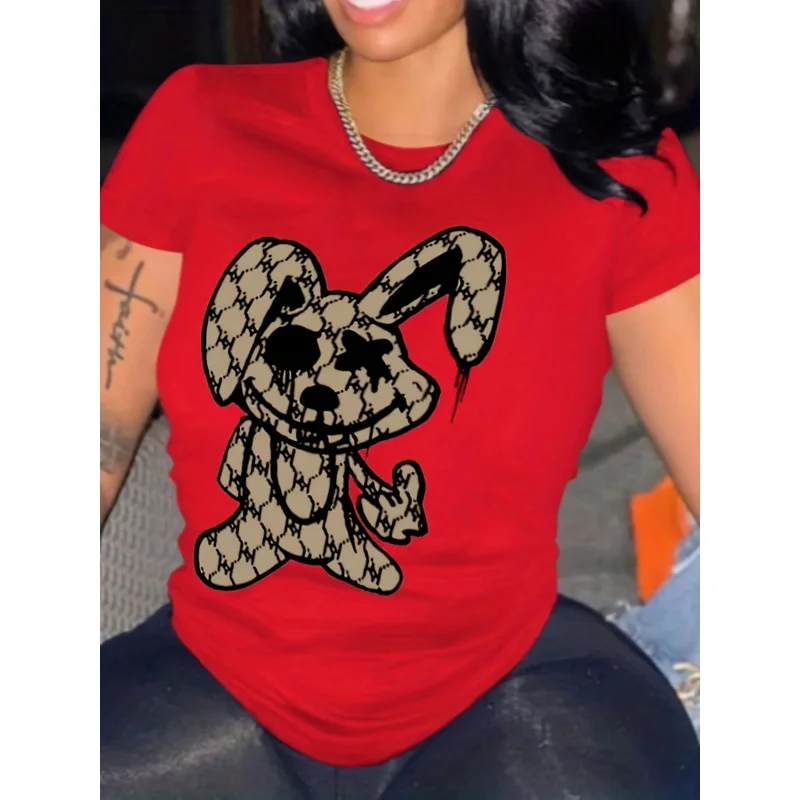 

Футболка с круглым вырезом и принтом кролика, Повседневная летняя футболка с коротким рукавом, женская одежда