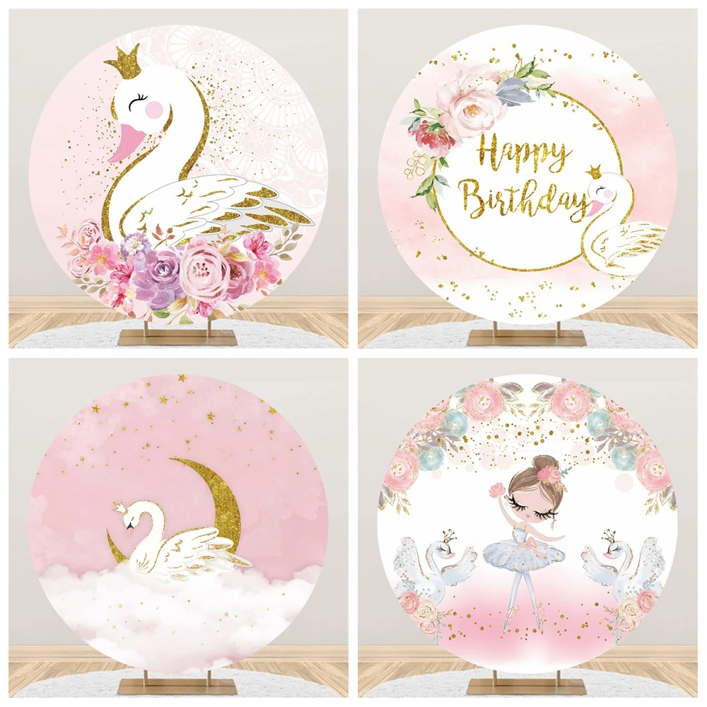 Cartoon Swan Purple Pink Heart Round Party Backdrops