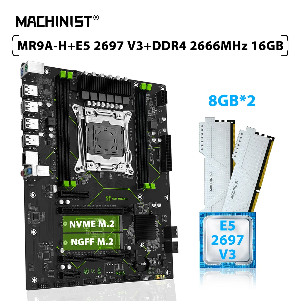 

MACHINIST X99 MR9A-H комплект материнской платы LGA 2011-3 комплект Xeon E5 2697 V3 процессор DDR4 16 ГБ = 2*8 ГБ 2666 МГц Память ОЗУ NVME M.2 NGFF