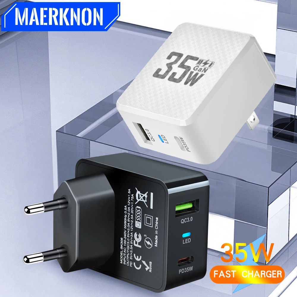 

35W USB GaN Charger Fast Charging PD Type C Phone Adapter For iPhone Xiaomi Samsung Quick Charge 3.0 EU/US/KR Plug Wall Charger