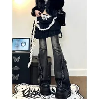 American Style Retro High Street Ruffled Denim Jeans for Women in Autumn Low Waisted High Elastic Slimming Wide Leg Mop Pants 2
