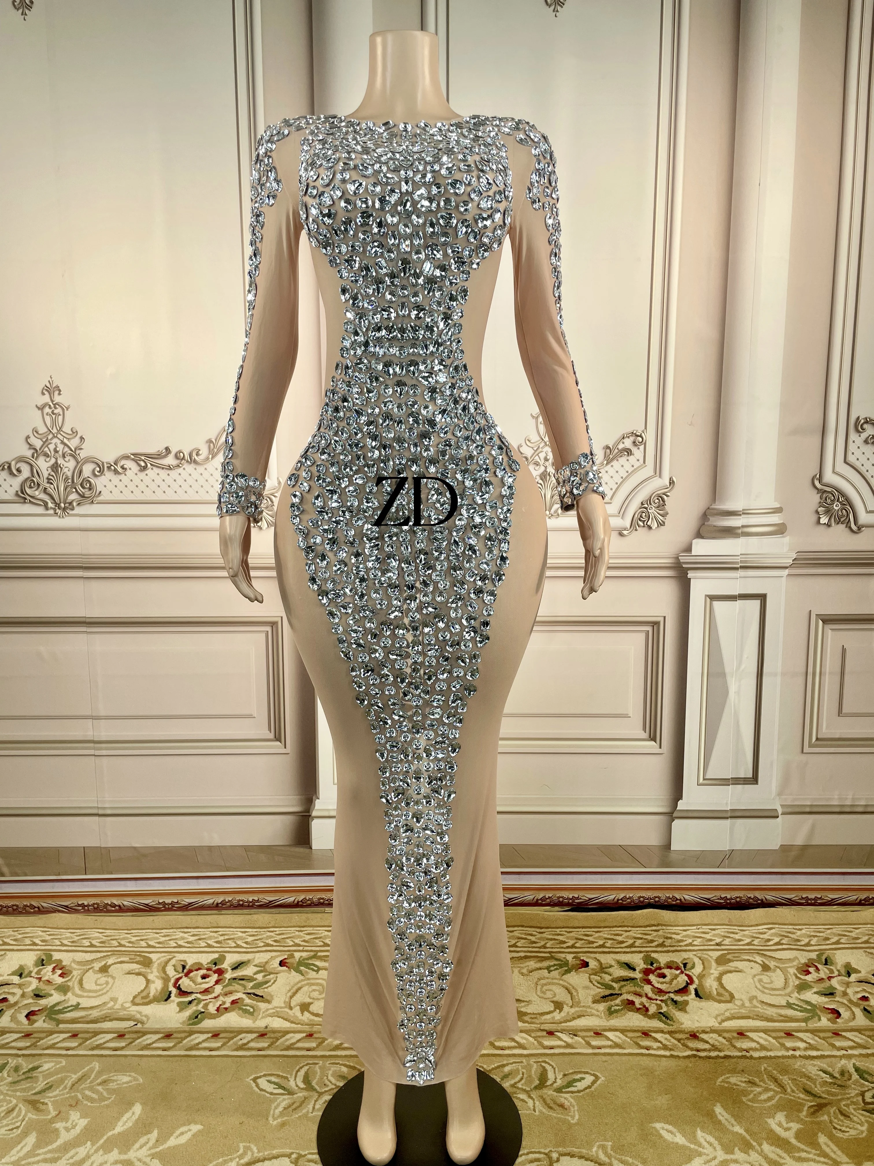 

Sparkly Big Rhinestone Transparent Long Dress Evening Birthday Celebrate Luxurious Costume Dancer plus size