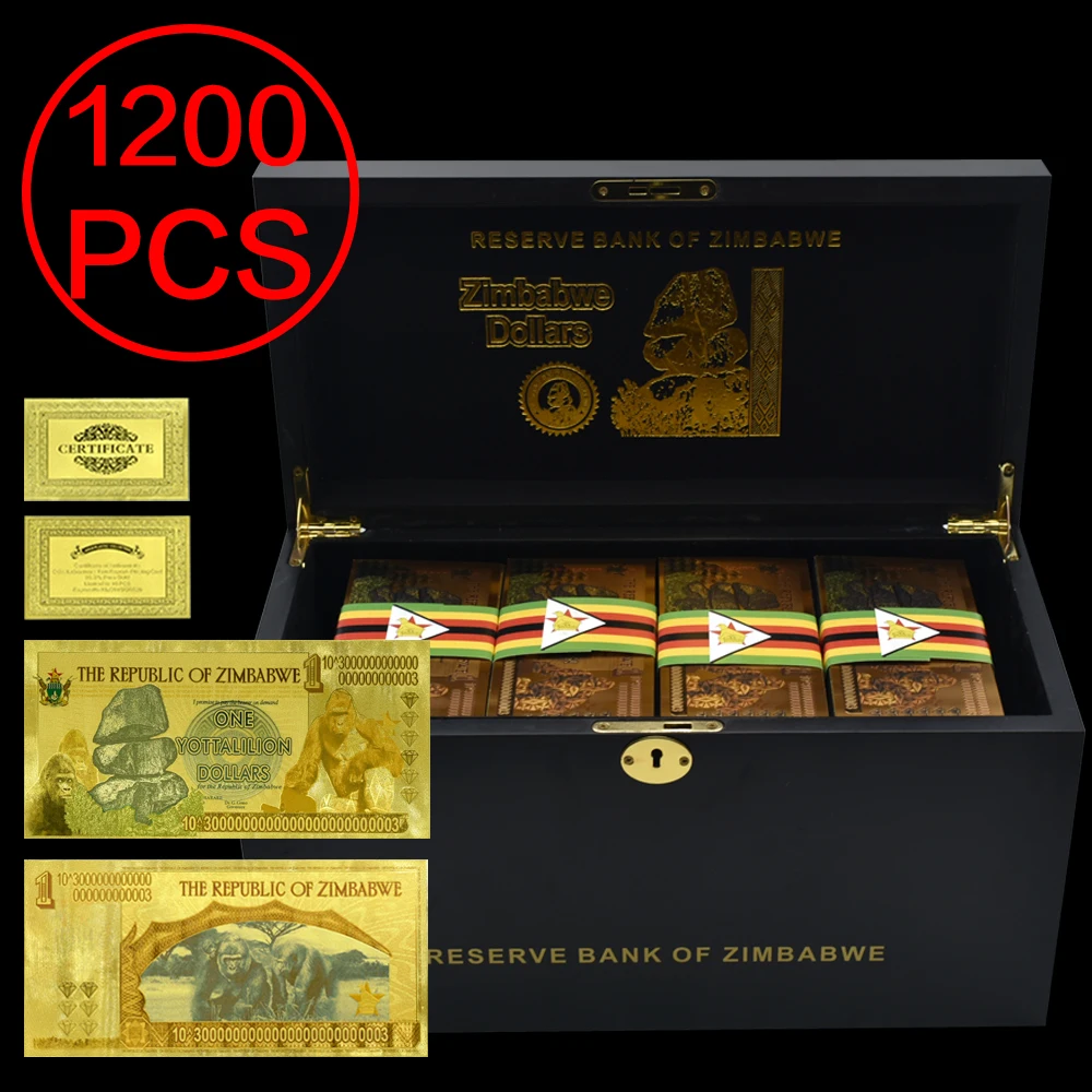 

1200pcs/box Home Decor One Yottalilion Dollars Zimbabwe Gold Commemorative Banknotes Fake Money with Wooden Box Collect
