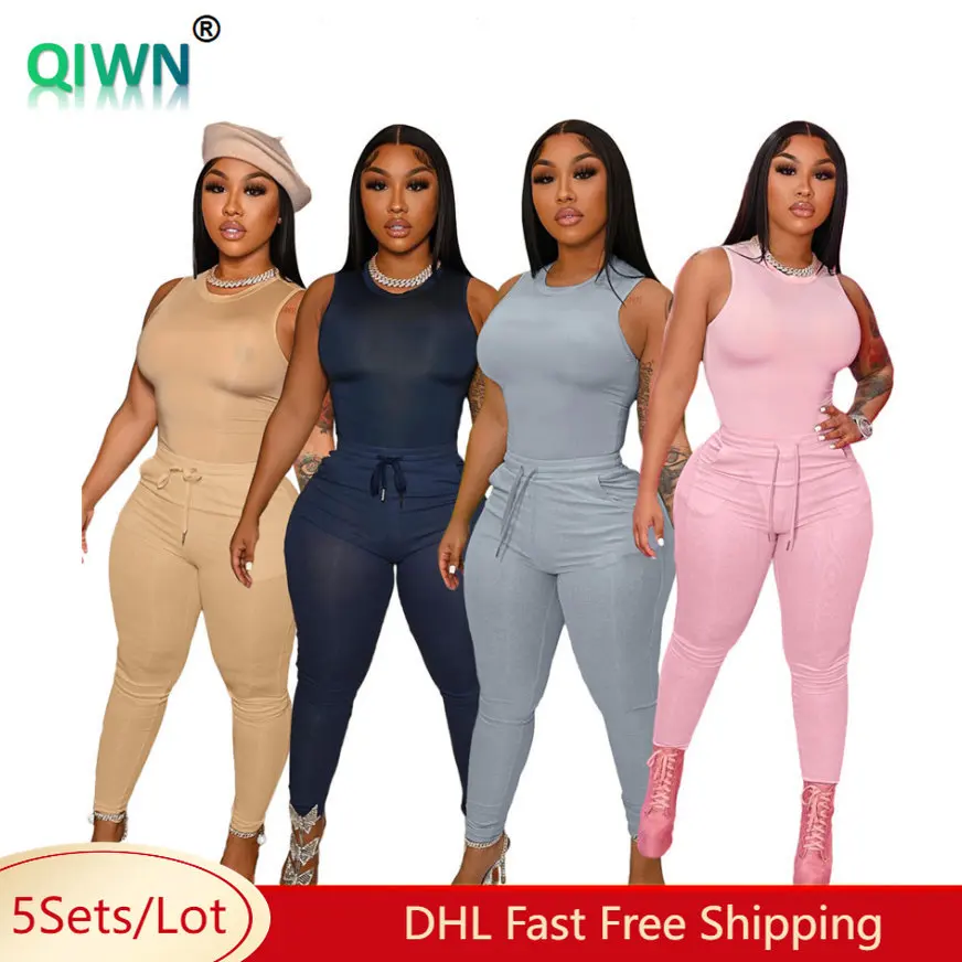 5pcs Bulk Women 2 Piece Set Wholesale Solid Sleeveless Tank Vest