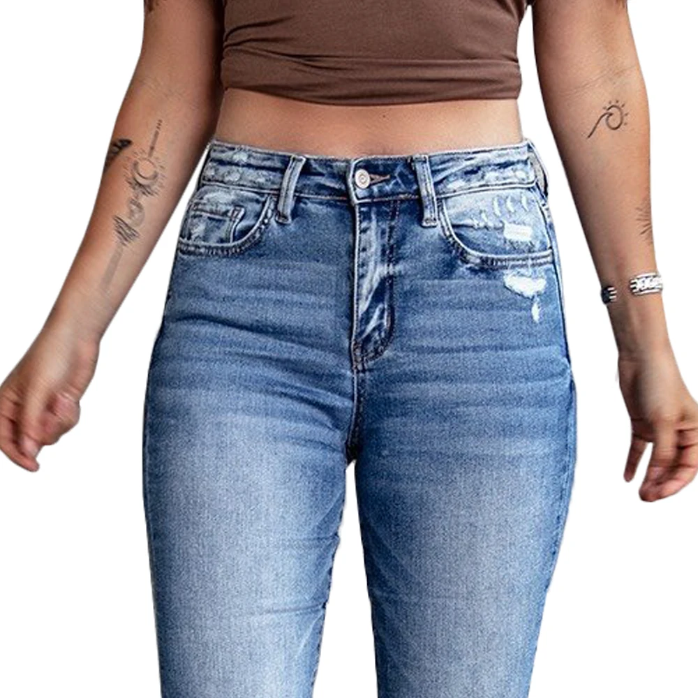 Women Bell Bottom Jeans High Waist Ripped Ladies Denim Pants Fashion Causal Hole Streetwear Flared Trousers Female bootcut jeans leather pants