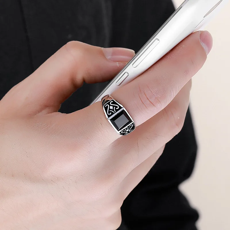 Trendy Men Ring Jewelry Adjustable Finger Accessorie Male Silver Plated Ring Fashion Flower Rectangle Crystal 5
