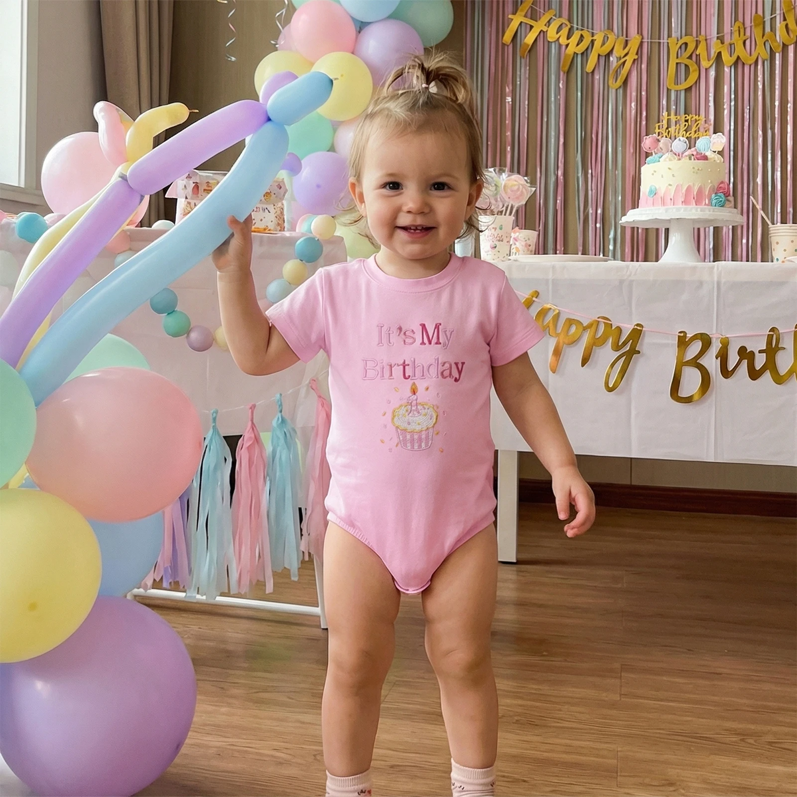 Pudcoco 베이비 보이즈 소녀 생일 롬퍼 반팔 크루넥 케이크 자수 바디 슈트  플레이 슈트 6M-18M