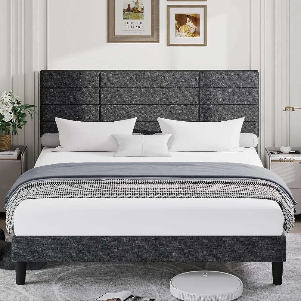 

Bed Frame Queen Size Upholstered Platform Beds with Headboard Linen Fabric Wood Slat Support + Iron Frame, Mattress Foundation