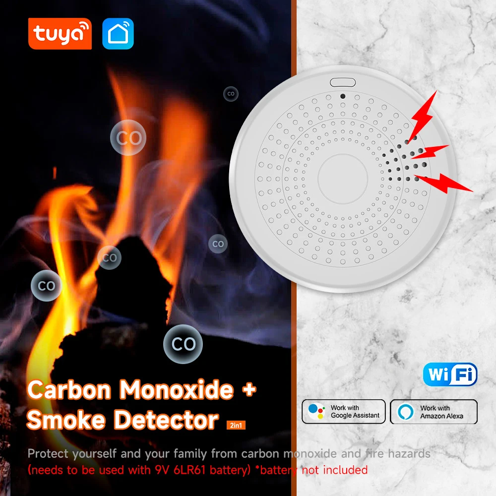 Tuya 2 in 1 Smoke Fire Sound Alarm Sensor WiFi Smoke Detector & Carbon Monoxide Detector