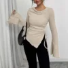 Slim Fit Casual T-Shirt Comfortable Fashionable Women's Long Sleeve Polyester Basic Solid Color Crew Neck Asymmetrical Design