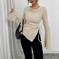 Slim Fit Casual T-Shirt Comfortable Fashionable Women's Long Sleeve Polyester Basic Solid Color Crew Neck Asymmetrical Design