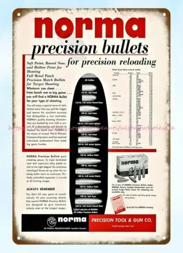 1956 г., точные пули fiream NORMA, боеприпасы для развешивания, металлический жестяной знак