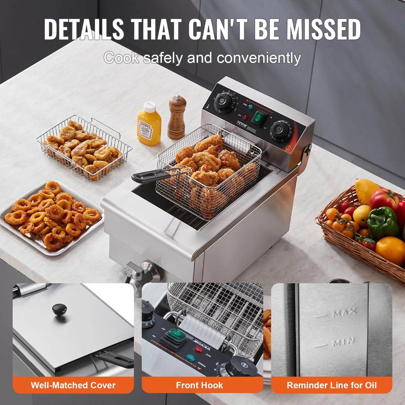 VEVOR Commercial Deep Fryer Electric Countertop Fryer with Basket 11.6Qt Stainless Steel Single Oil Fryer w/Time & Temp Control 6