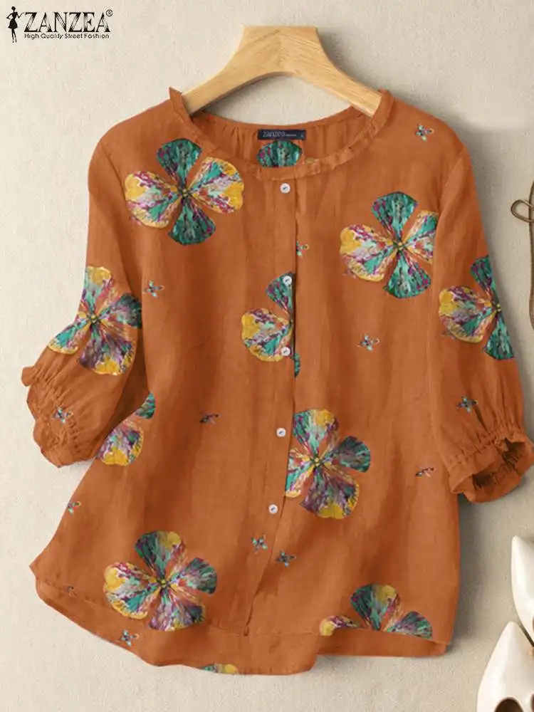 

Women 3/4 Sleeve Printed Blouse Fashion Summer Tops Elegant Loose Cotton Shirt ZANZEA Bohemian Holiday Tunic Blusas Oversize