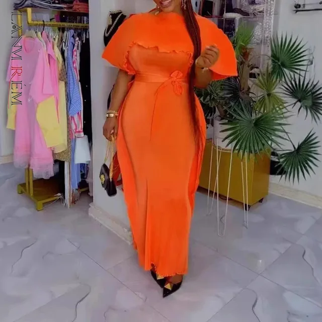 LANMREM Pleated Ruffled Patchwork Women's Summer Dress Chic New Elegant Short Sleeve Irregular Famale Clothing With Belt 2DB4027