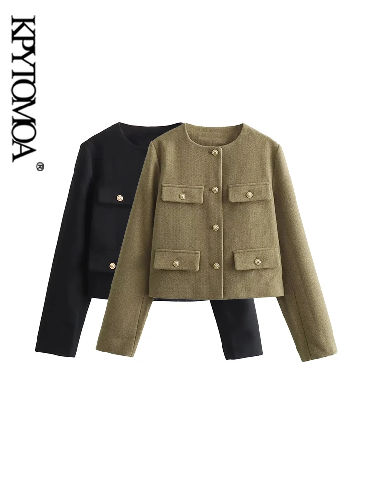 

KPYTOMOA Women Fashion With Flaps Cropped Jacket Coat Vintage Long Sleeve Front Gloden Button Female Outerwear Chic Tops