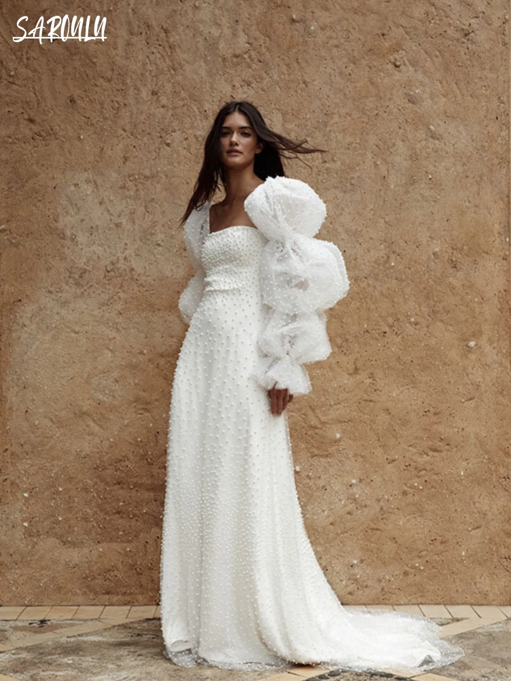 

2024 Elegant A-line Weeding Dress Square Neck Pearls Bride Robe Graceful Floor-length Bridal Dresses Vestidos De Novia