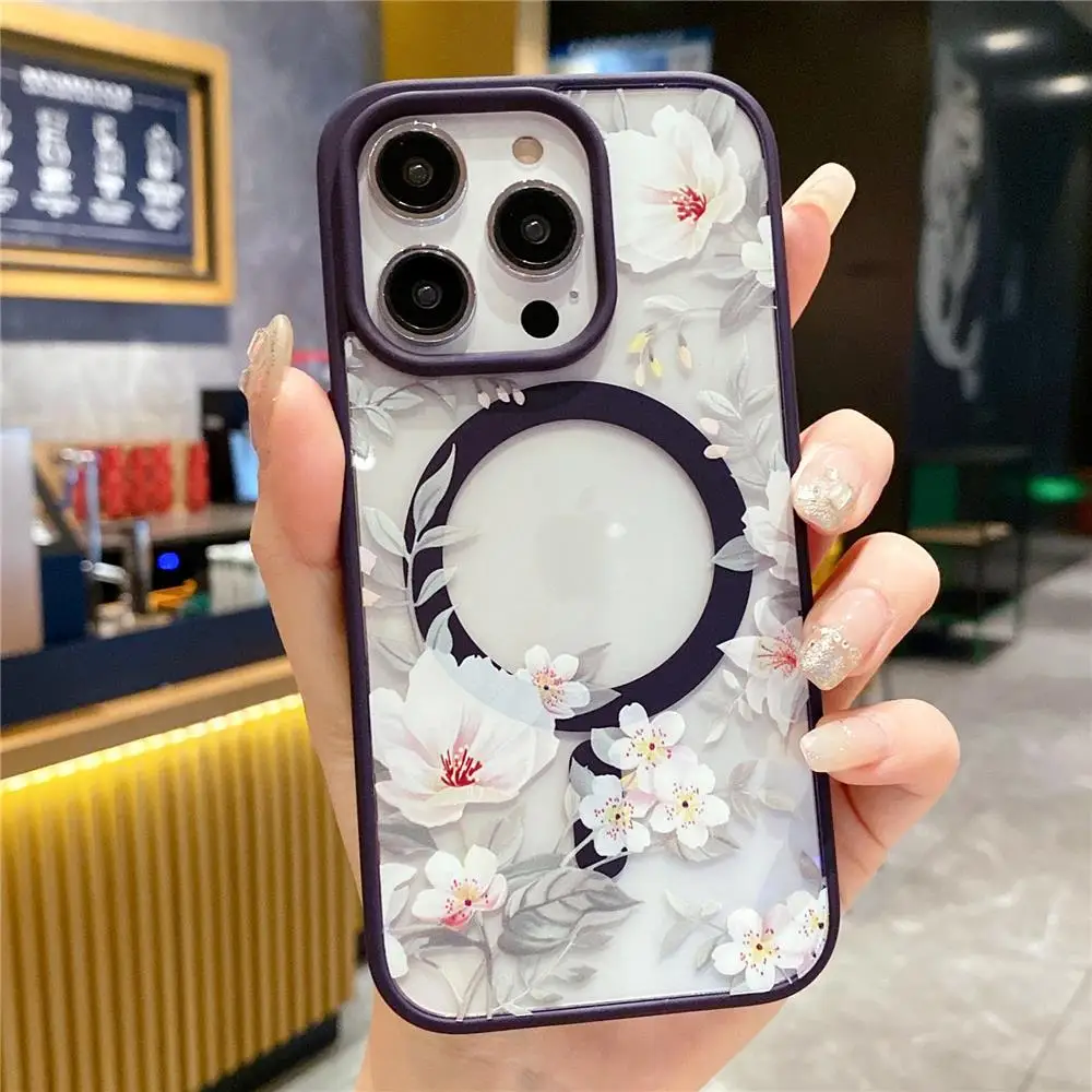thumbnail image 1 of Funda de carga inalámbrica magnética Magsafe para iPhone 11, 12, 13, 14, 15 Pro Max, carcasa dura de PC, transparente, Floral, a la moda, 1 of 5