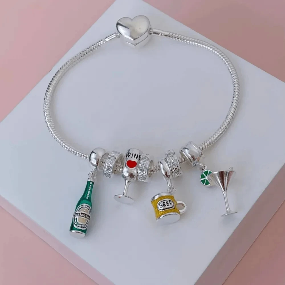 Sterling Silver Charm Jewelry 925 Sterling Silver Beverage Bottle Wine Bottle Wine Cup Exquisite Charm Pendant for Original Bracelet DIY