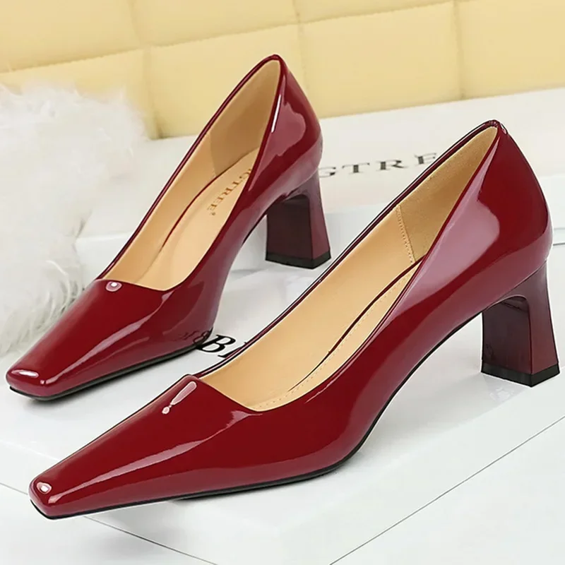 Women 6cm High Heels Heels Green Blue Nude Burgundy Low Square Lady Bling Glossy Leather Wedding Evening Party Shoes
