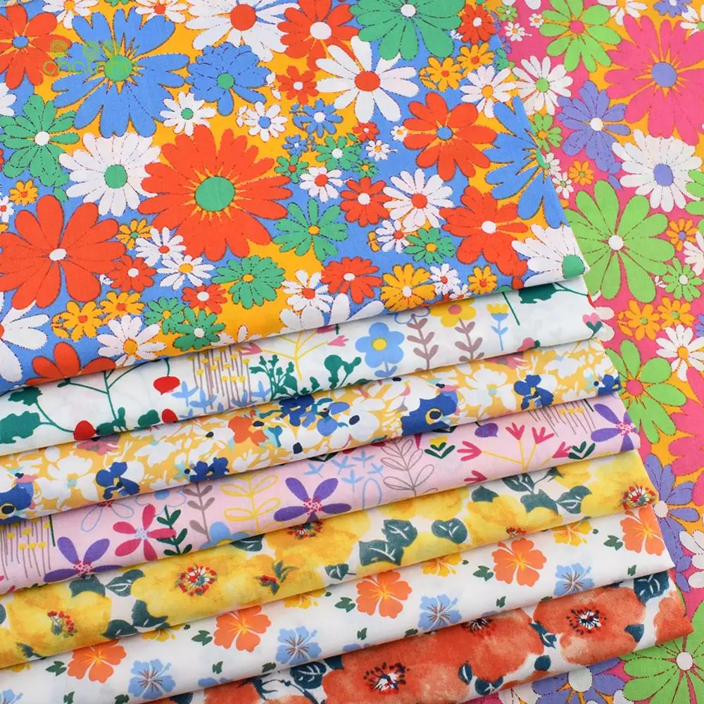 Chainho,Printed Plain Weave Poplin Cotton Fabric,DIY Quilting Sewing Material,Patchwork Cloth,Floral Series,3 Sizes,15PC10