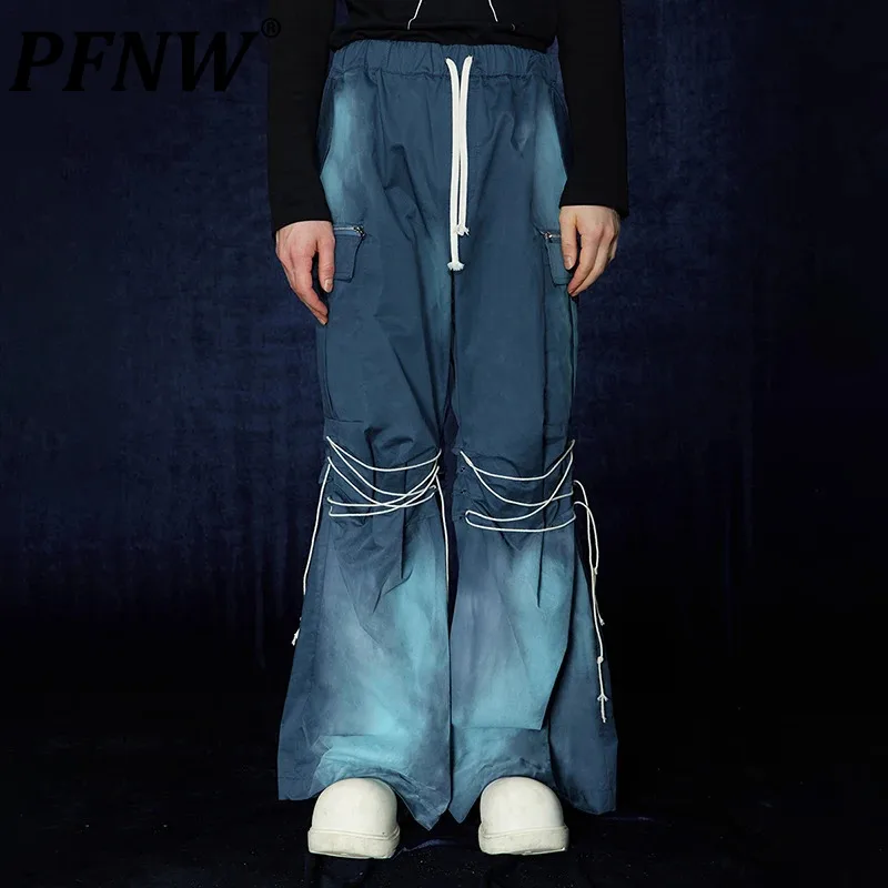 

PFNW Adjustable Drawstring Men's Cargo Pants Flared Spary Painted Male Overalls Niche Design High Street Trousers 2024 28W2648