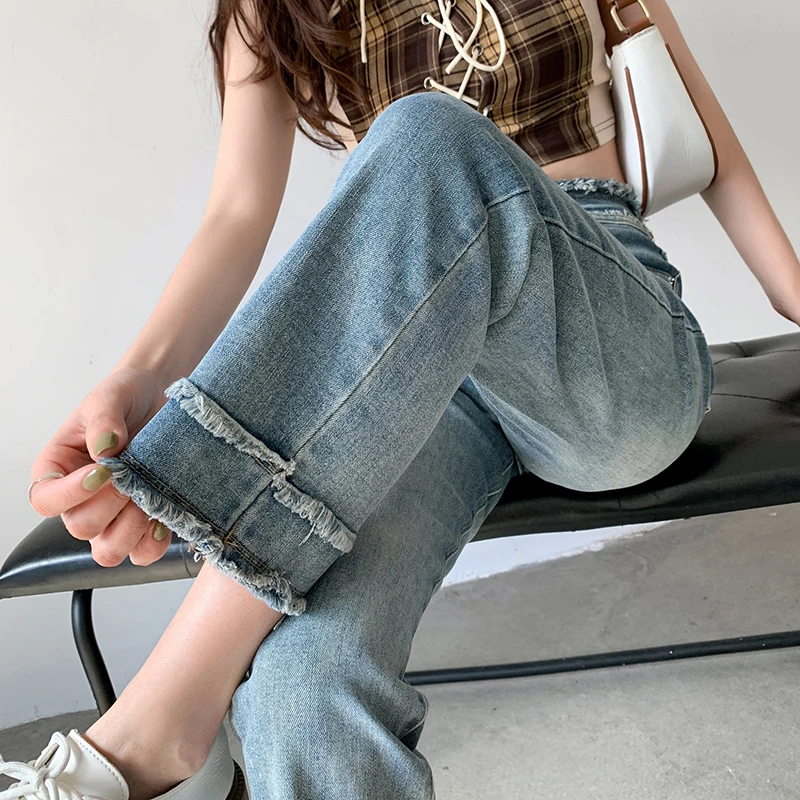 

Design Sense Retro Tassel Straight Women's Ankle-length Jeans Spring Summer Casual Simple Wide Leg Denim Trousers Femal Pants