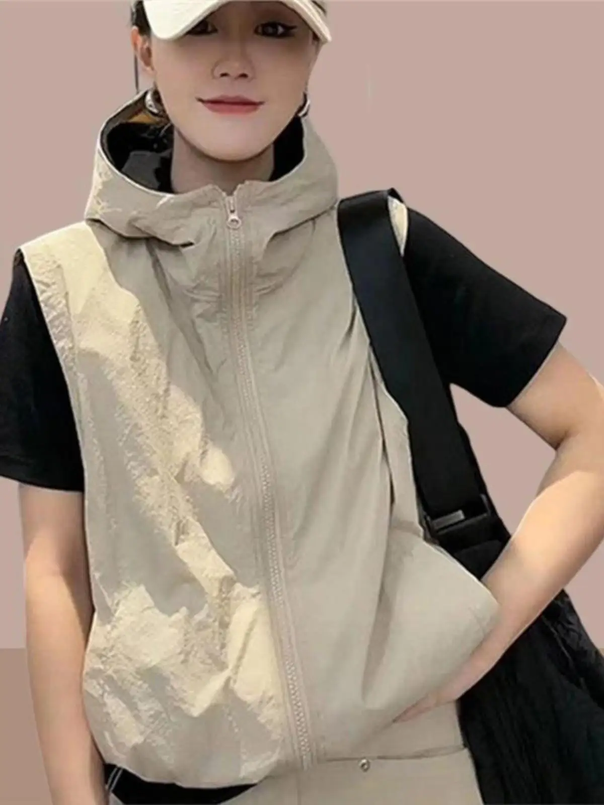 Summer Faionable Hooded Workwear Vest Women's Loose Slimming Casual Layered Sun Protection Outerwear Top Zipper Pure Color - Image 4