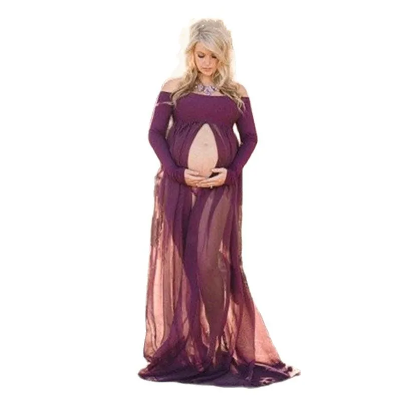 

Maternity Front Fork Party Dresses Pregnancy Photo Shoot Photography Props Long Sleeve Maxi Gown Pregnant Women Summer Clothes