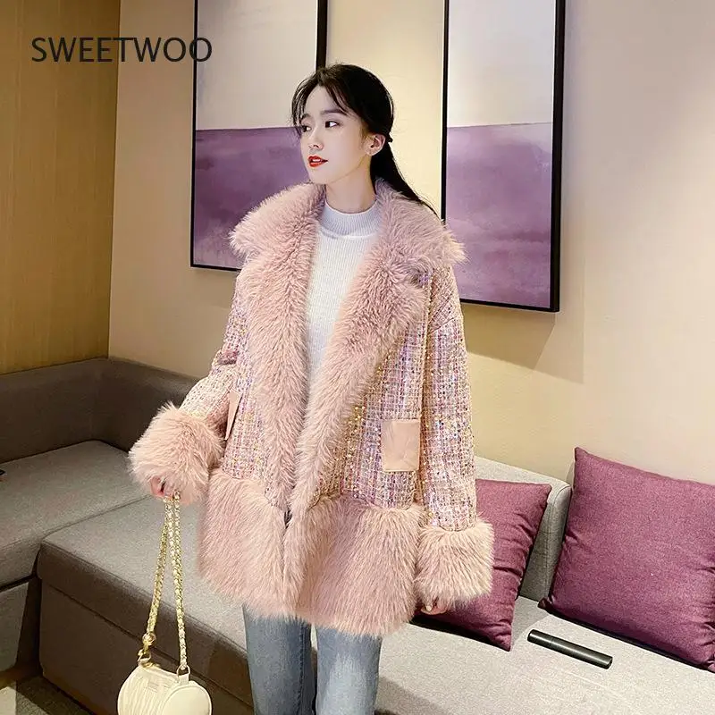 2022 Winter New Women's Fashion Sequined Woolen Blended Faux Fur Coat Long-Sleeved Loose Coat Women Streetwear