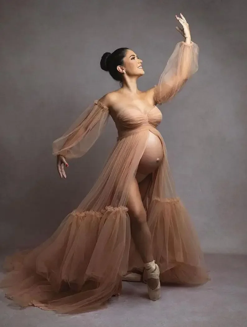 

Sexy Lace Mesh Perspective Pregnant Women's Dress Off Shoulder High Waist Split Tail Dress Women's Photography Props Vestidos