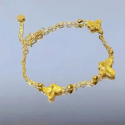 Boutique 24K pure gold laser butterfly gold ladies bracelet super shiny butterfly jewelry AU999 real lucky beads hand jewel