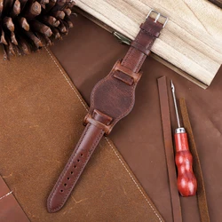 Handcrafted Blue Genuine Leather Watch Strap - Oil Wax Finish - 21mm (Brown)