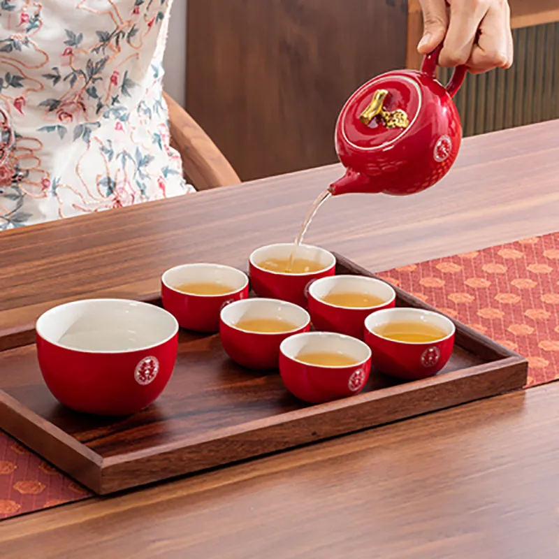 Ceramic Portable Travel Tea Set, Porcelain Kungfu Teapot, Traditional Red Teapot, Wedding Party, Marriage, Newlywed Supplies