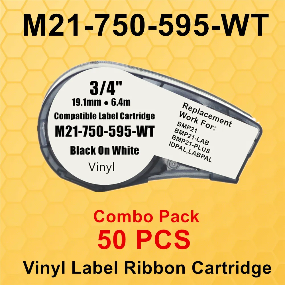 

50PK Compatible for Brady BMP21-Plus M21-750-595 19.1mm Black on White 3/4' Vinyl Label Cartridge Tape BMP21-LAB Label Printer