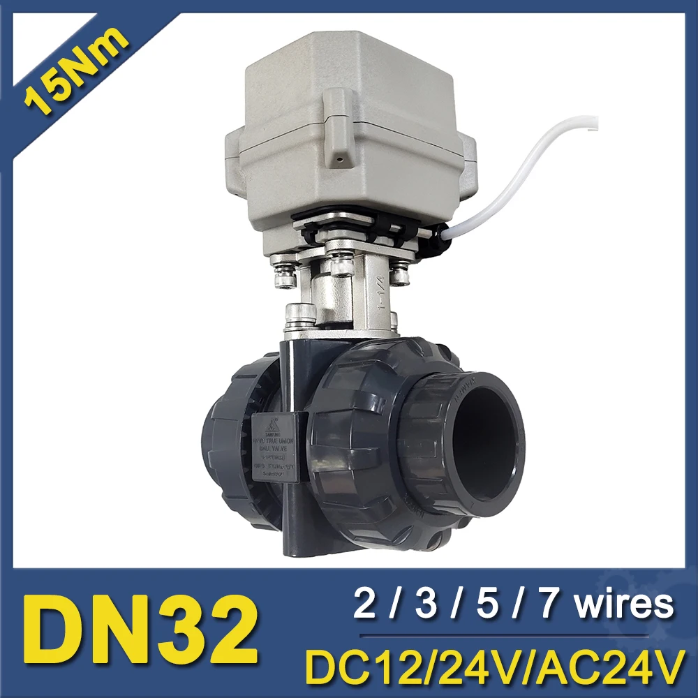 

1-1/4 "Электрический автоматический шаровой клапан из ПВХ True Union DN32 моторизованный клапан 2/3/5/7 провода управления IP67 CE сертифицированные металлические шестерни