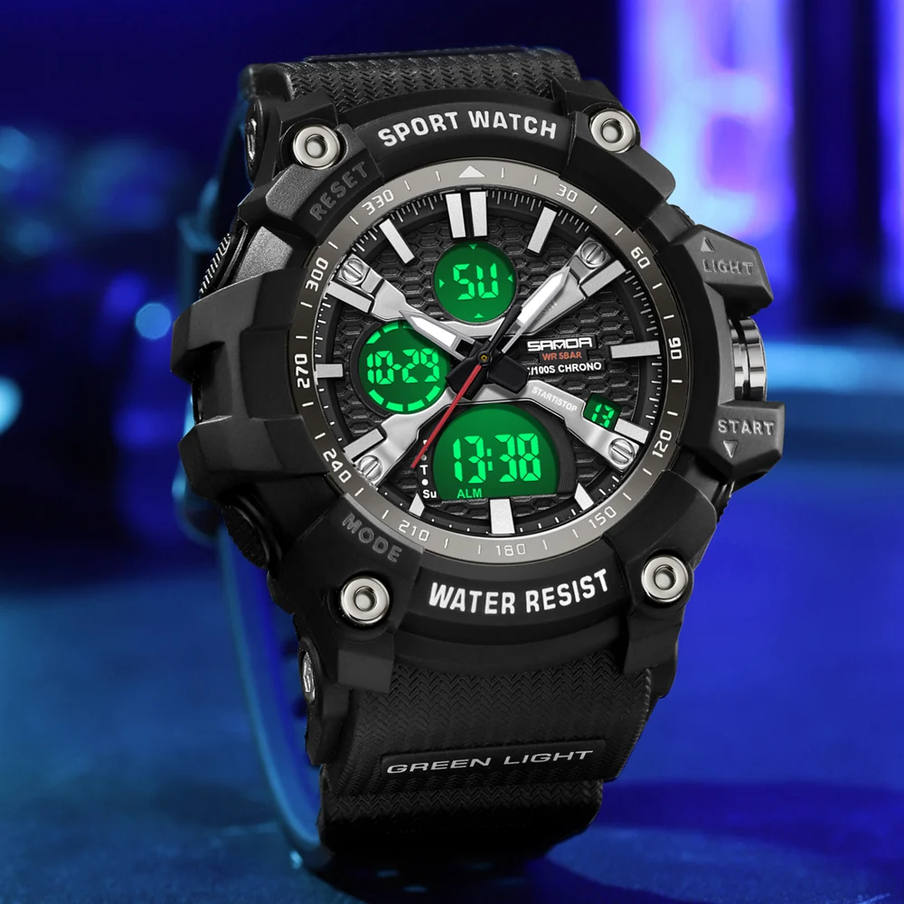 Sanda Quartz Watch Waterproof Wrist Watch For Men Double Display Electron Led Clock Men's Sports Watches Military Style Clock, Alina Gadgets