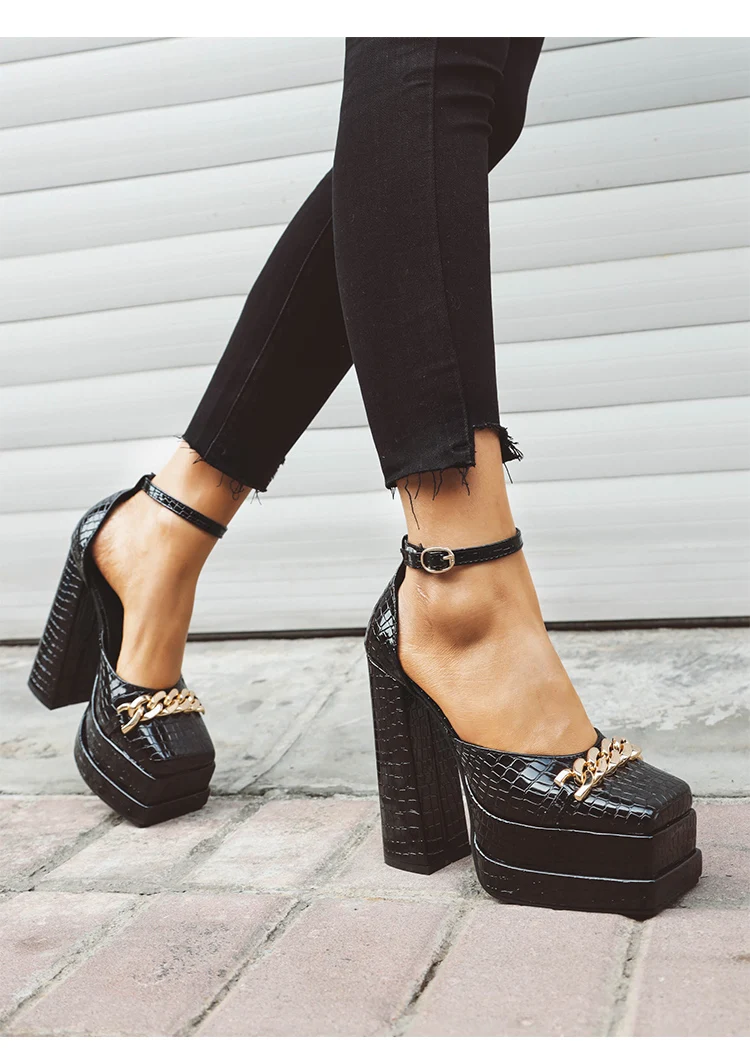 Plus Size Plaid Patent Leather Side Cut-Out Women's Sandals Metal Chain Decoration Ultra-High Double-Deck Platform Fashion Shoes