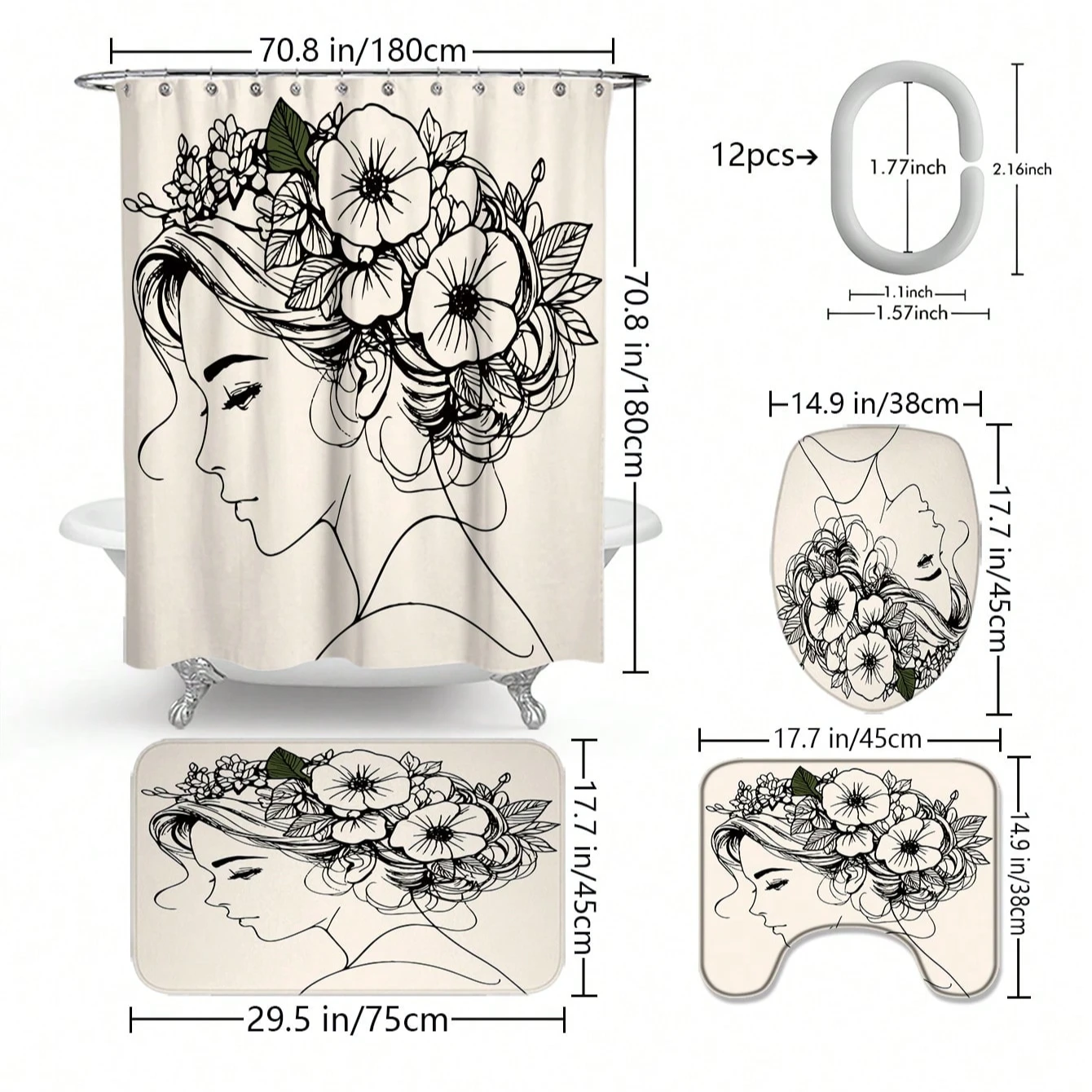 4pcs Minimalist Black Line Charm Ladies Bathroom Set Including Waterproof Shower Curtain Applicable For Full Bathroom Scenes 2