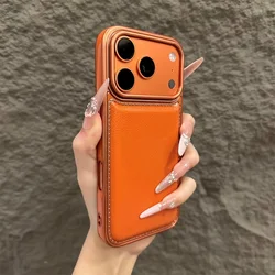 Luxury Faux Leather Phone Case with Protective Bumper and Back Shield - iPhone 12 Pro Max (Orange)