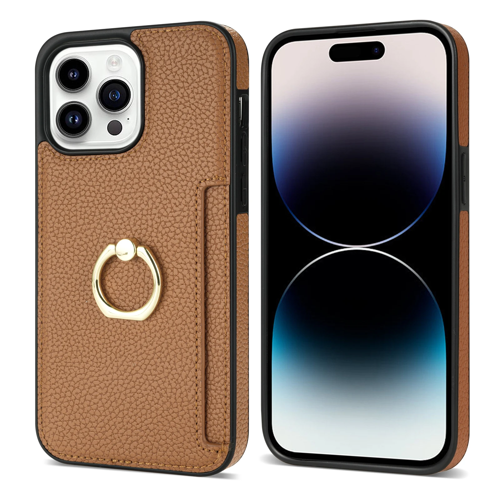 Luxurious Leather Wallet Phone Case with Ring Holder and Card Slot - Litchi Stand Cover