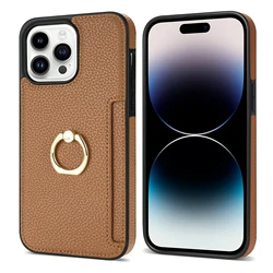 Luxurious Leather Wallet Phone Case with Ring Holder and Card Slot - Litchi Stand Cover - iPhone XR (Brown)
