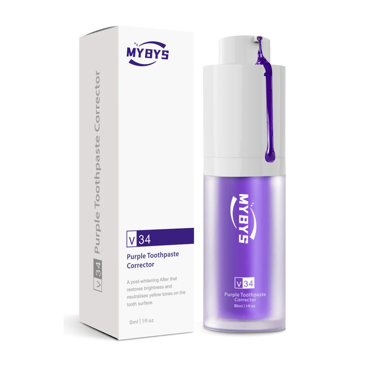 Mybys סגול שיניים משחת שיניים הלבנת מהות ניקוי הפה הלבנה שיניים צהוב צבע תיקון סרום מקצועי