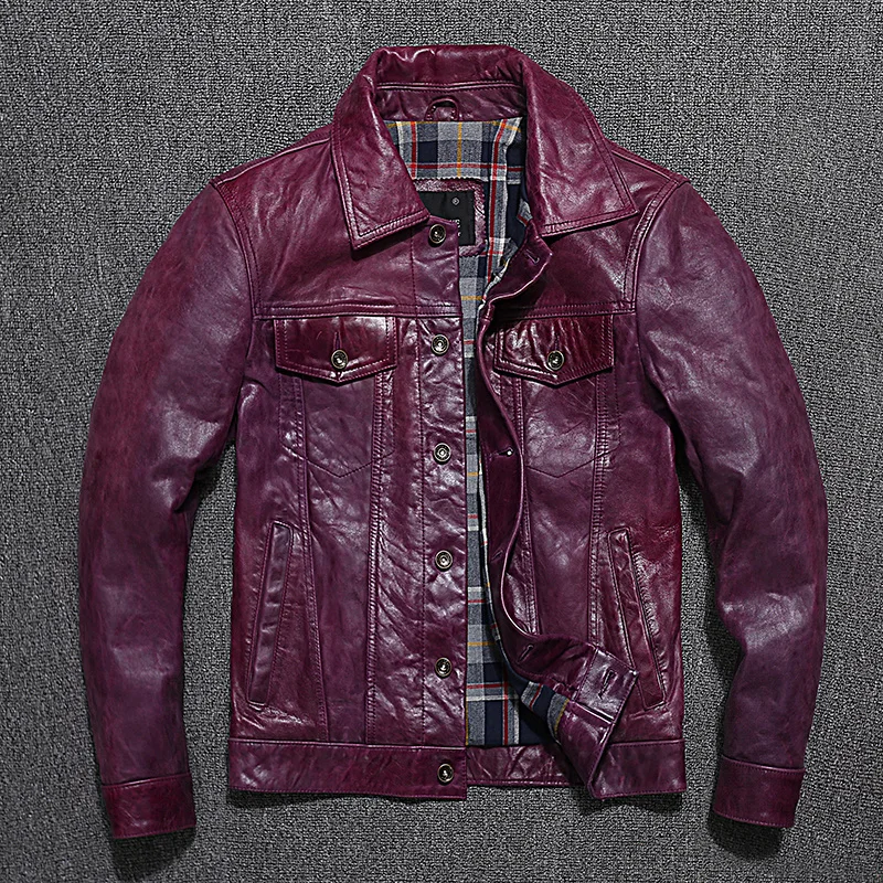 

Jacket Genuine Men Vintage Natural Sheepskin Coat Spring Autumn Mens Leather Casual Jackets Yellow Chaquetas Hombre Tide