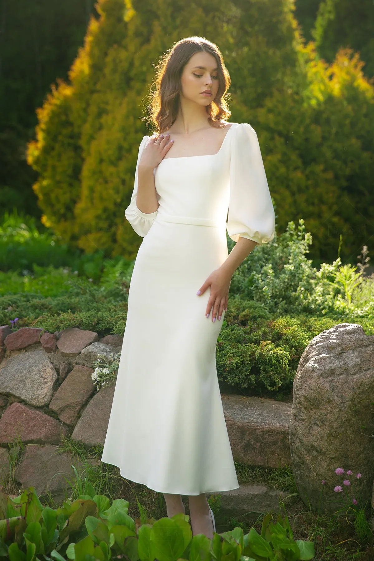 

Women Mermaid Wedding Dresses Square Collar Bridal Gown Zipper Back Simple Elegant Bride Satin Dress TT438