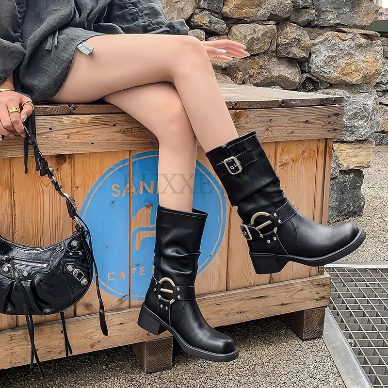 Mid Calf Biker Boots Womens Sale Black Leather Mid Calf Boots