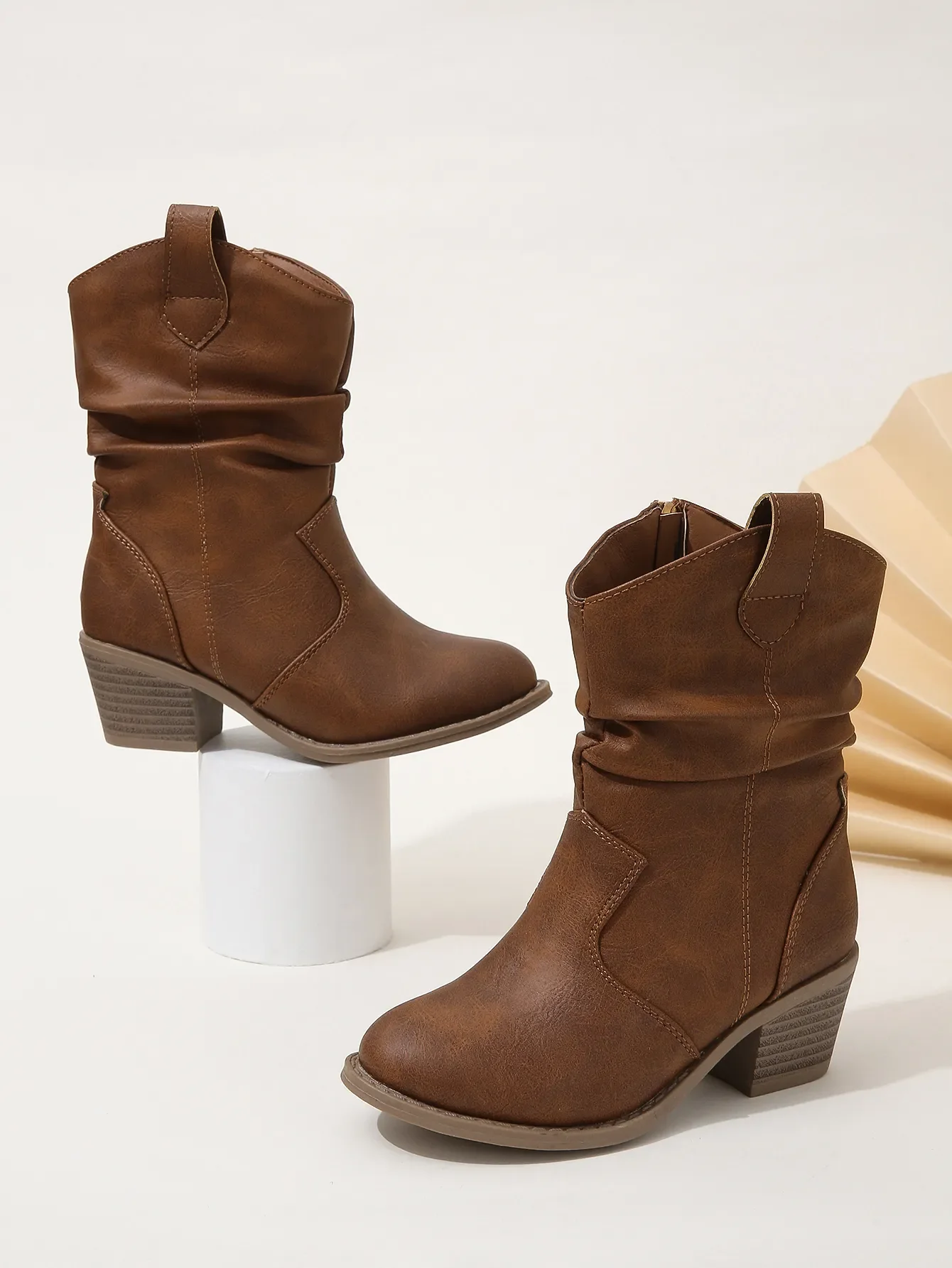 Teenage Kids Leather Boots Elegant Side Zipper Girls Fashion Boots Brown Pleated Chic Children Low Heels Mid-calf Boots Simple Sc3af643602e64c11839edde3219ada04f